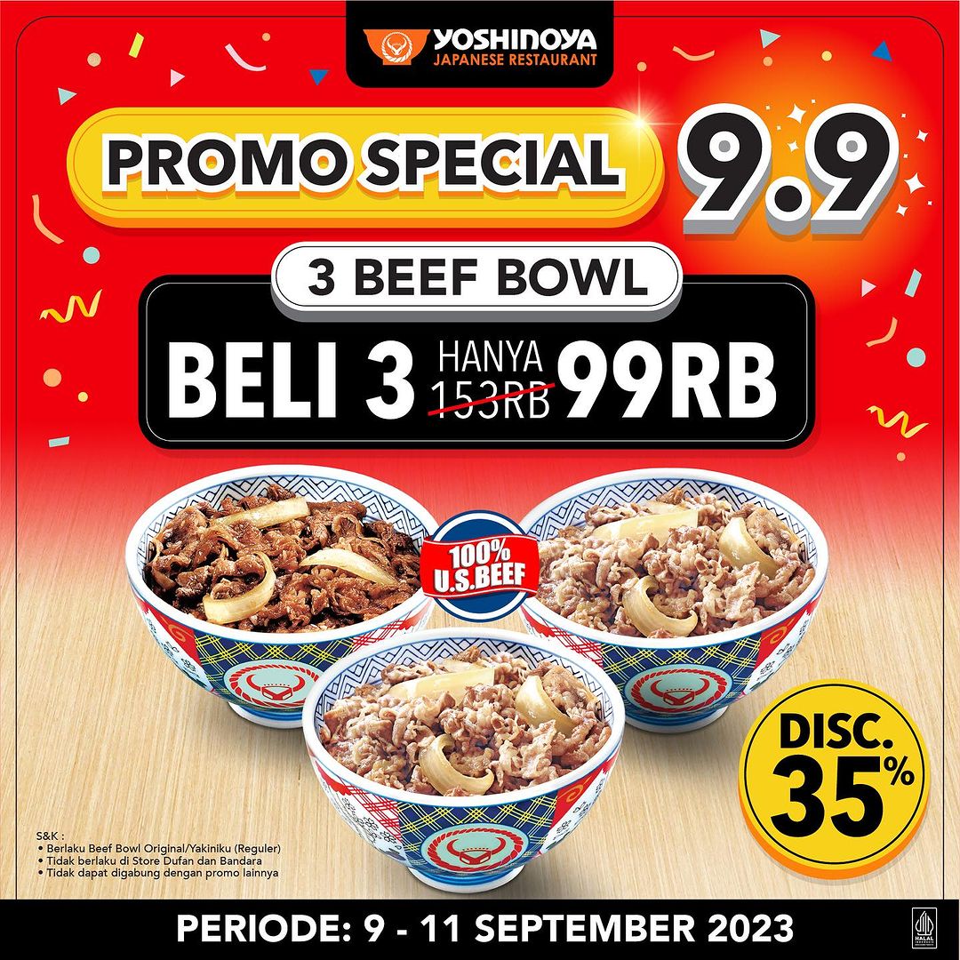 Promo Yoshioya Spesial 9.9 – Beli 3 Beef Bowl (Original/Yakiniku) Hanya Rp. 99Rb