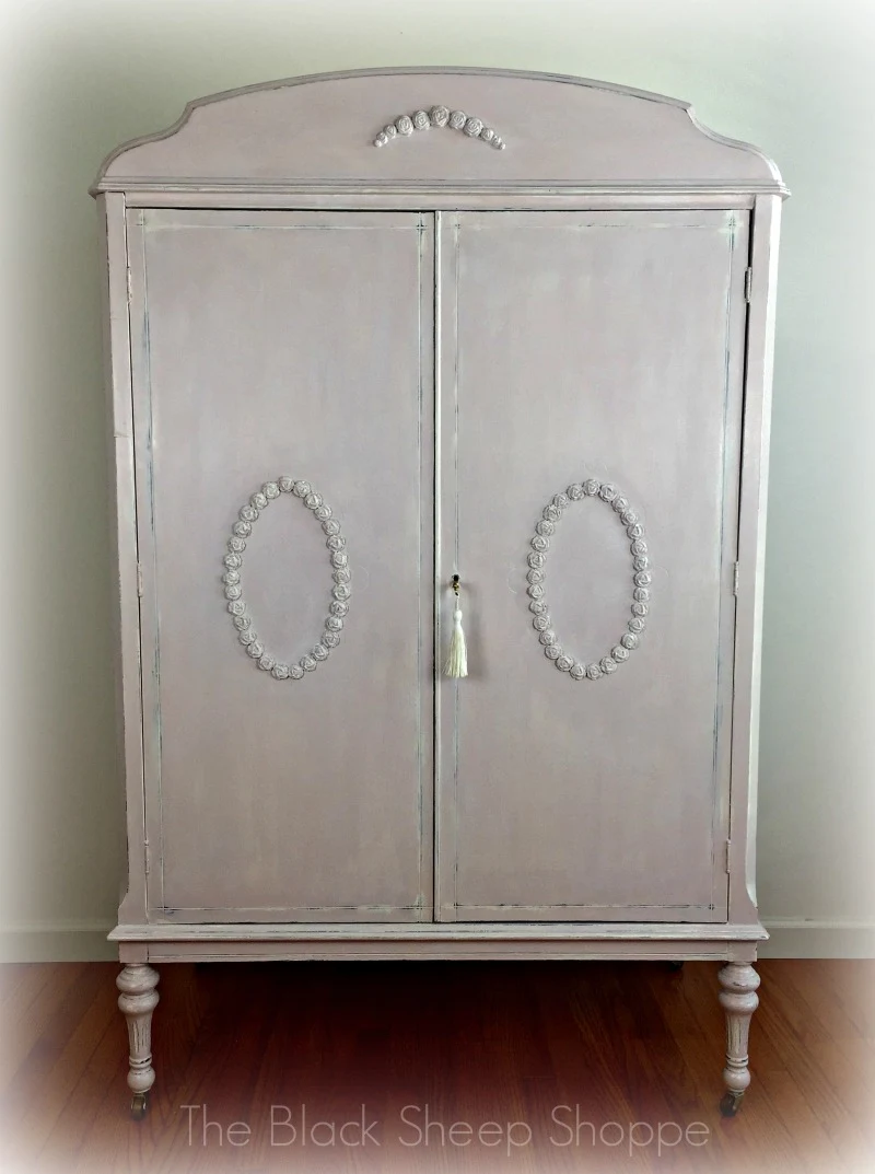 Vintage armoire painted in Old White & Antoinette Pink