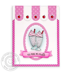 Sunny Studio Blog: You Make Me Melt Milkshake Ice Cream Soda Card by Mendi Yoshikawa (using Summer Sweets & Banner Basics Stamps, Stitched Arch & Stitched Oval Dies, Polka-dot Parade, Striped Silly & Classic Gingham Paper)