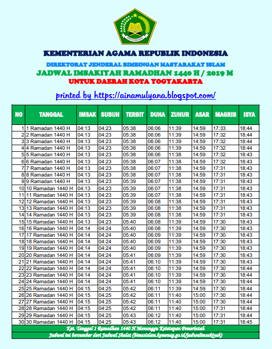 JADWAL IMSAKIYAH RAMADHAN 1440 H 2019 M VERSI KEMENAG 