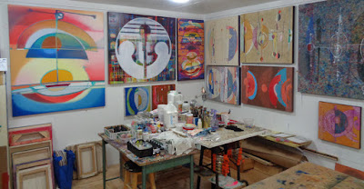 colourful paintings in my studio verna vogel steel sky woman