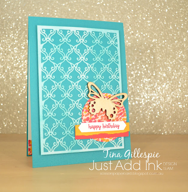 scissorspapercard, Stampin' Up!, Just Add Ink, Happy Birthday Gorgeous, Beautifully Detailed Laser-Cut Paper, Garden Impressions DSP, Butterfly Elements, Subtle DTIEF, Sponge Brayer