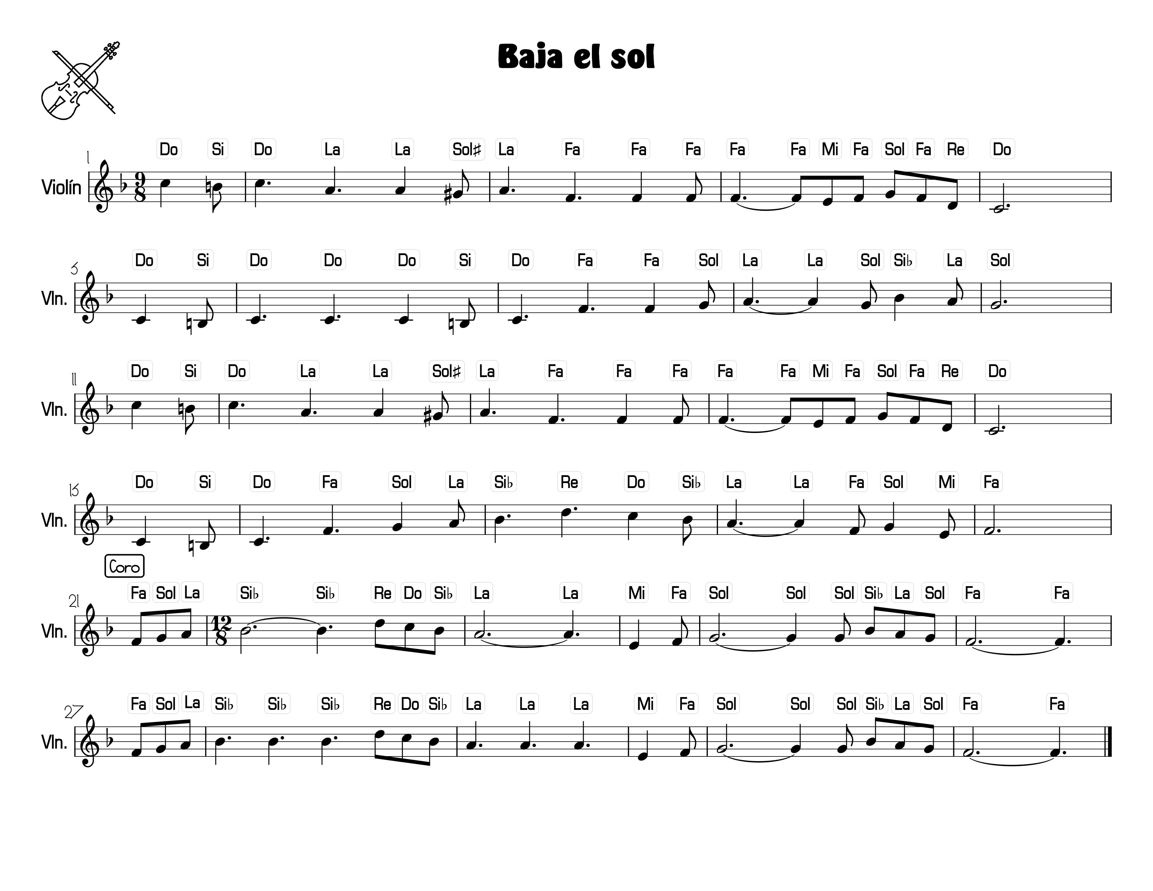 Baja el sol | Violín partituras himnario adventista