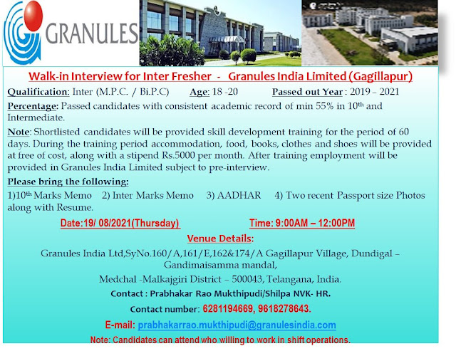 Job Availables, Granules India Limited  Walk-In Interviews for Freshers MPC/ Bi.P.C