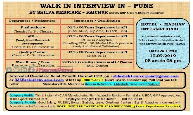 Shilpa Medicare | Walk-in for Production- QC- Warehouse- RnD | 15 September 2019 | Pune