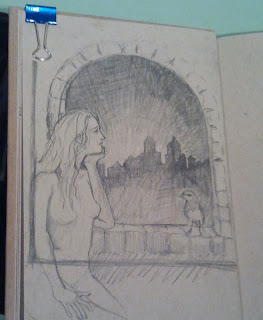 Sketch of Juliet looking out the window at the dawn light.