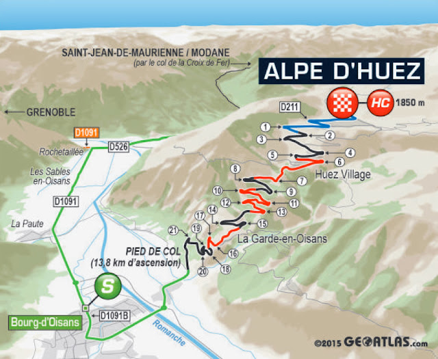 The 21 numbered hairpin bends of Alpe d'Huez