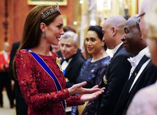 The Prince and Princess of Wales attended a Diplomatic Corps reception. Kate Middleton wore a Jenny Packham Elodie gown