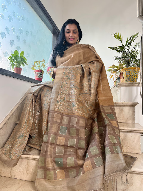 Pure Tussar hand embroidered aari work saree