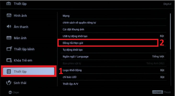 Tìm đến mục Thiết lập chọn Đồng hồ/Hẹn giờ