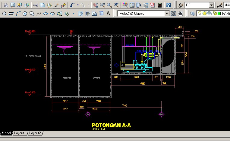 GAMBAR AUTOCAD RUANG  GENSET PEKERJAAN MEKANIKAL 