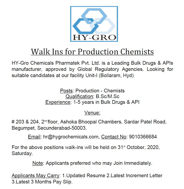 Hygro chemicals | Walk-in interview for Production on 31 Oct 2020 at Hyderabad