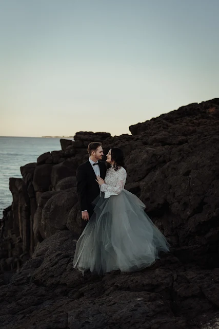 white parrot film and photography beach wedding elopement australian designer dark moody bridal fingal head