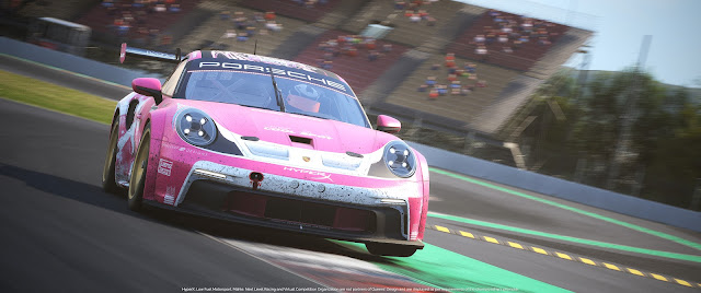 Picture from Assetto Corsa Competizione: a Porsche 911 992 Cup in Queens' Design colours. It is pink with matte black and glossy white accents. On the side is Victoire Laviolette, the team's mascot.