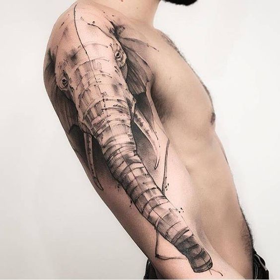 Elephant-Head-with-Elephant-Nose-as-Sleeve-on-the-Right-Arm-Tattoo