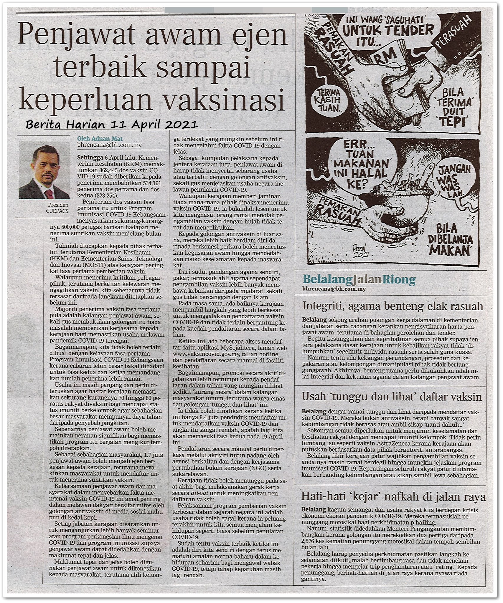 Penjawat awam ejen terbaik sampai keperluan vaksin - Keratan akhbar Berita Harian 11 April 2021