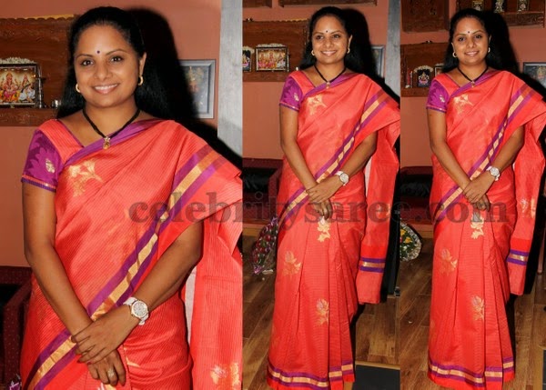 Politician Kavitha wearing light orange color kollam pattu saree with ...