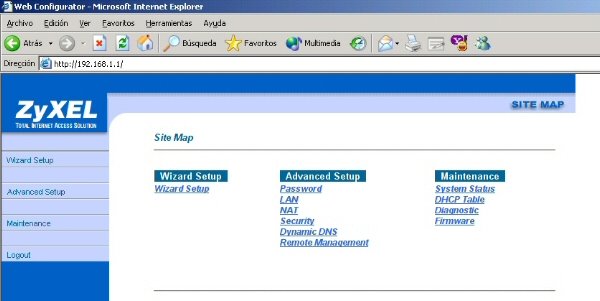 Interfaz del panel de control del router Zyxel