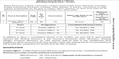 Trainee Officer - Finance MBA CA CMA Jobs in Bharat Electronics Limited