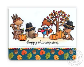 Sunny Studio Woodsy Autumn Pilgrims & Native American Critters Thanksgiving Card (using Woodsy Creatures, Critter Campout, Happy Harvest & Happy Thoughts stamps + Colorful Autumn 6x6 Paper)