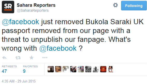 Oh My! Facebook removes Saraki’s UK Passport from Sahara Reporters page, threatens to unpublish their fan page!