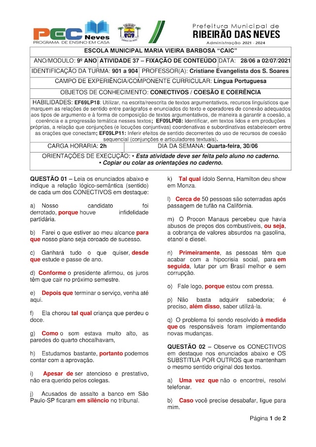  LÍNGUA PORTUGUESA - PROFª. CRISTIANE EVANGELISTA - ATIVIDADE 37 - FIXAÇÃO - 901 a 904 (28/06 a 02/07/2021)