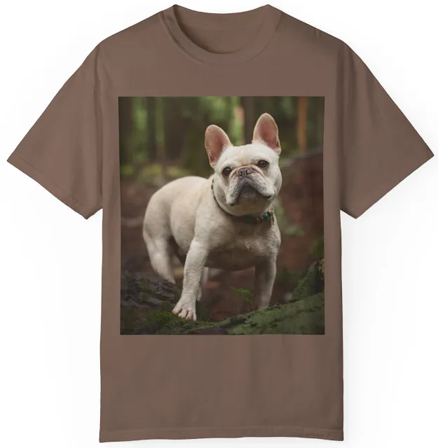 Unisex Garment Dyed Comfort Colors T-Shirt With Portrait of A White French Bulldog in the Middle of Forest