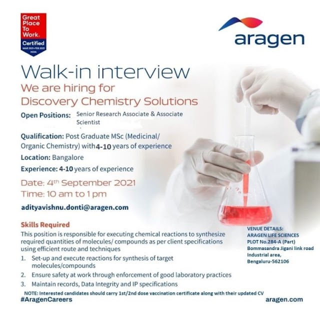 Aragen Life Sciences | Walk-in for Discovery chemistry on 4th Sept 2021