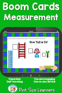 Your kindergarten and first grade students will love practicing important measurement skills with these measurement Boom Cards. These measurement digital task cards are self-correcting which make them a perfect math center or for distance learning. Students will work on a variety of measurement skills with these Boom Cards including length, weight, and volume / capacity.