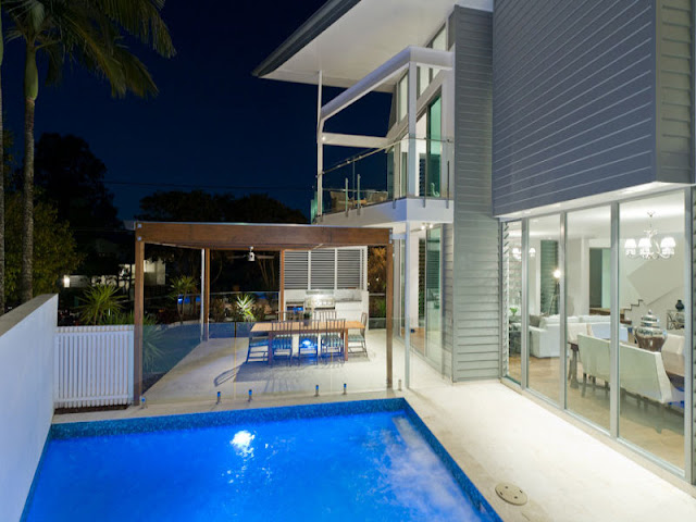 Photo of terrace of modern contemporary home as seen from the pool area, Brisbane, Australia