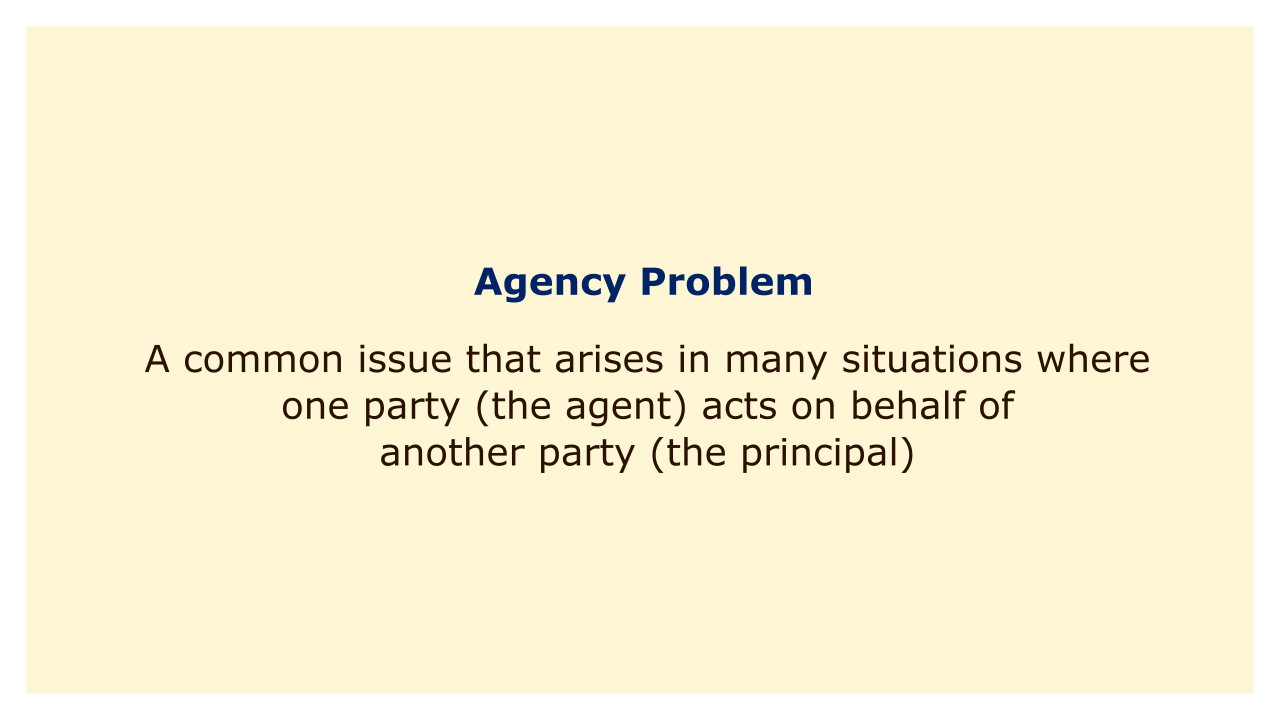 A common issue that arises in many situations where one party (the agent) acts on behalf of another party (the principal).