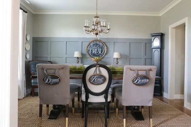 Dining room with gray wall of trim