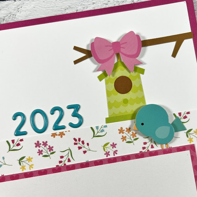 12x12 Easter Scrapbook Page Layout with flowers, a bird, and a birdhouse