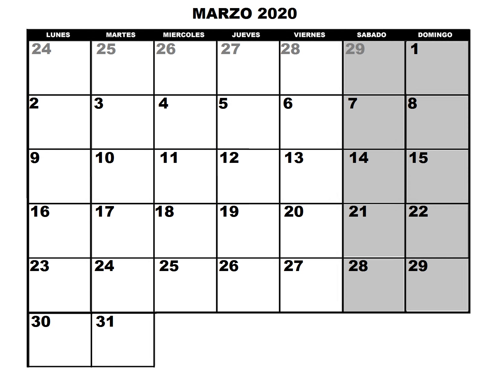 Calendario 2020 para imprimir por meses