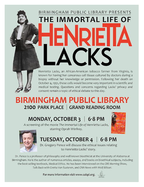 A flyer advertising a screening and Q&A session for "The Immortal Life of Henrietta Lacks" in honor of 71st anniversary of her death.