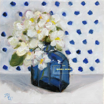 Original oil painting with a cobalt blue bottle and sweet white flowers against a blue and white polka dotted background!