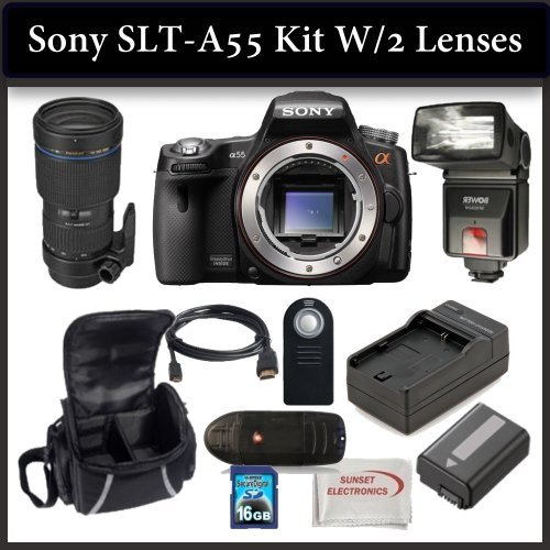 Sony SLT-A55 Digital Camera Kit Includes: Sony SLT-A55 Camera, Tamron 70-200mm f/2.8 Di LD (IF) Macro AF Lens, Bower SFD328 Digital Slave Flash, Extended Life Battery, Rapid Travel Charger, HDMI Cable, 16GB SDHC Memory Card, Memory Card Reader, Wireless Remote, Soft Carrying Case and SSE Microfiber Cleaning Cloth.