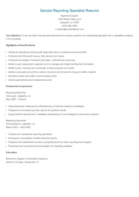 Sample Reporting Specialist Resume