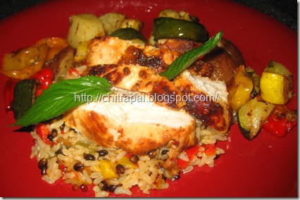 Chitra Pal Grilled Thai Chicken over Brown Rice Medley and Rosemary Roasted Vegetables