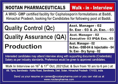 Job Availables,Nootan Pharmaceutical Walk-in - Interview For QC/QA/Production