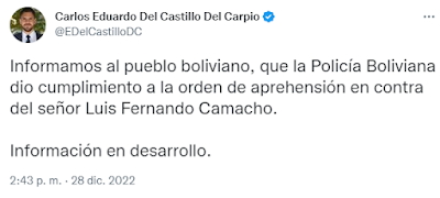 Luis Fernando Camacho, ha sido confirmada por el ministro de Gobierno, Eduardo Del Castillo.