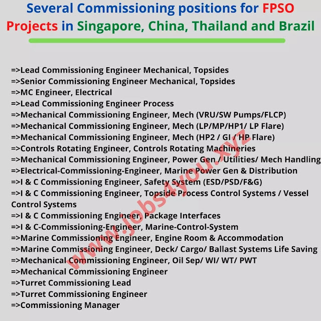 Several Commissioning positions for FPSO Projects in Singapore, China, Thailand and Brazil