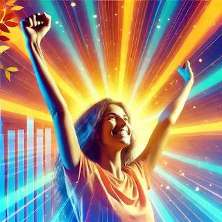 A joyful person celebrating an achievement with arms raised in victory, symbolizing the positive effects of balanced dopamine levels.