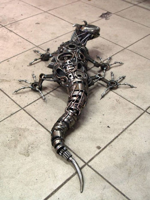 steampunk sculptures from old car and motorcycle parts