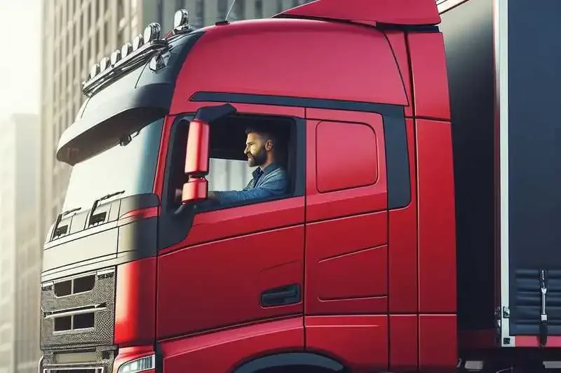 Caminhoneiro dentro de um Volvo FH vermelho