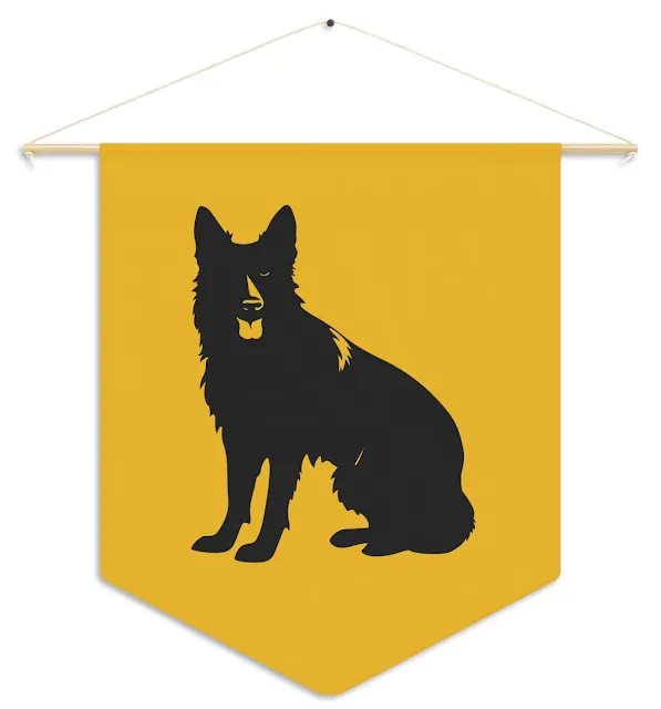 Pennant With Black German Shepherd Graphic Sloppy Sitting Leaving Tongue Out and Yellow Background