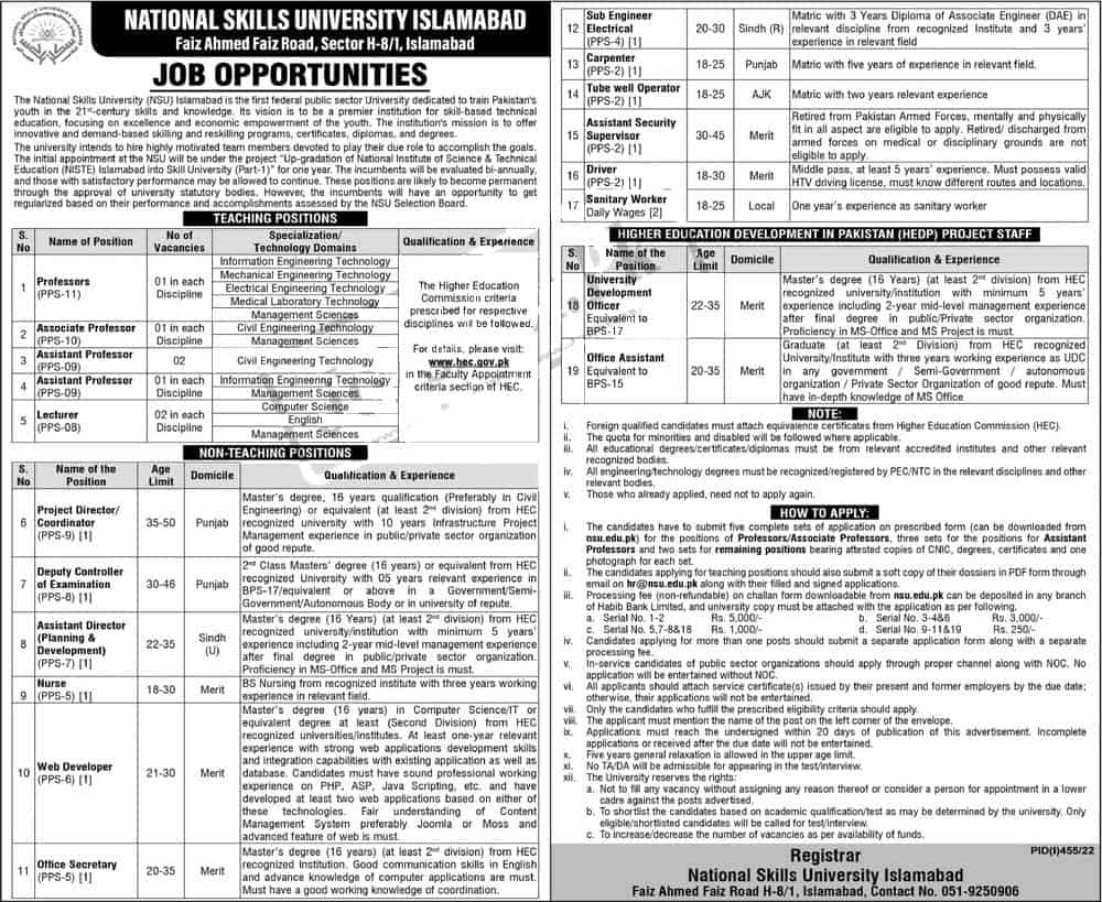 National Skills University NSU Islamabad jobs 2022 Advertisement