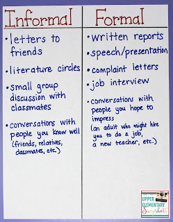 Teaching students the difference between formal and informal registers is important. Students need to apply this knowledge in a variety of speaking and writing situations. This blog post contains tips, freebies, and lesson ideas (including this T-chart).