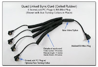 Quad Linked Sync Cor (Coiled Rubber) - 4 ScrewLock PC Plugs to Molded RA Mini Plug with Aux Turning Collars and Inline Splice