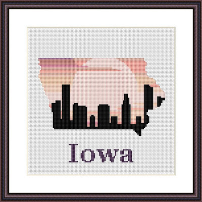 Iowa sunset skyline map silhouette cross stitch pattern - Tango Stitch